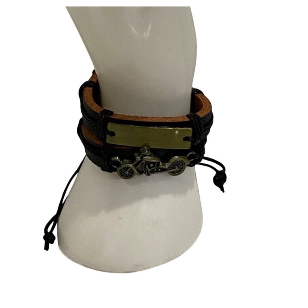 Motorcycle genuine Leather Bracelets set of 2  With Adjustable Cord bikerco